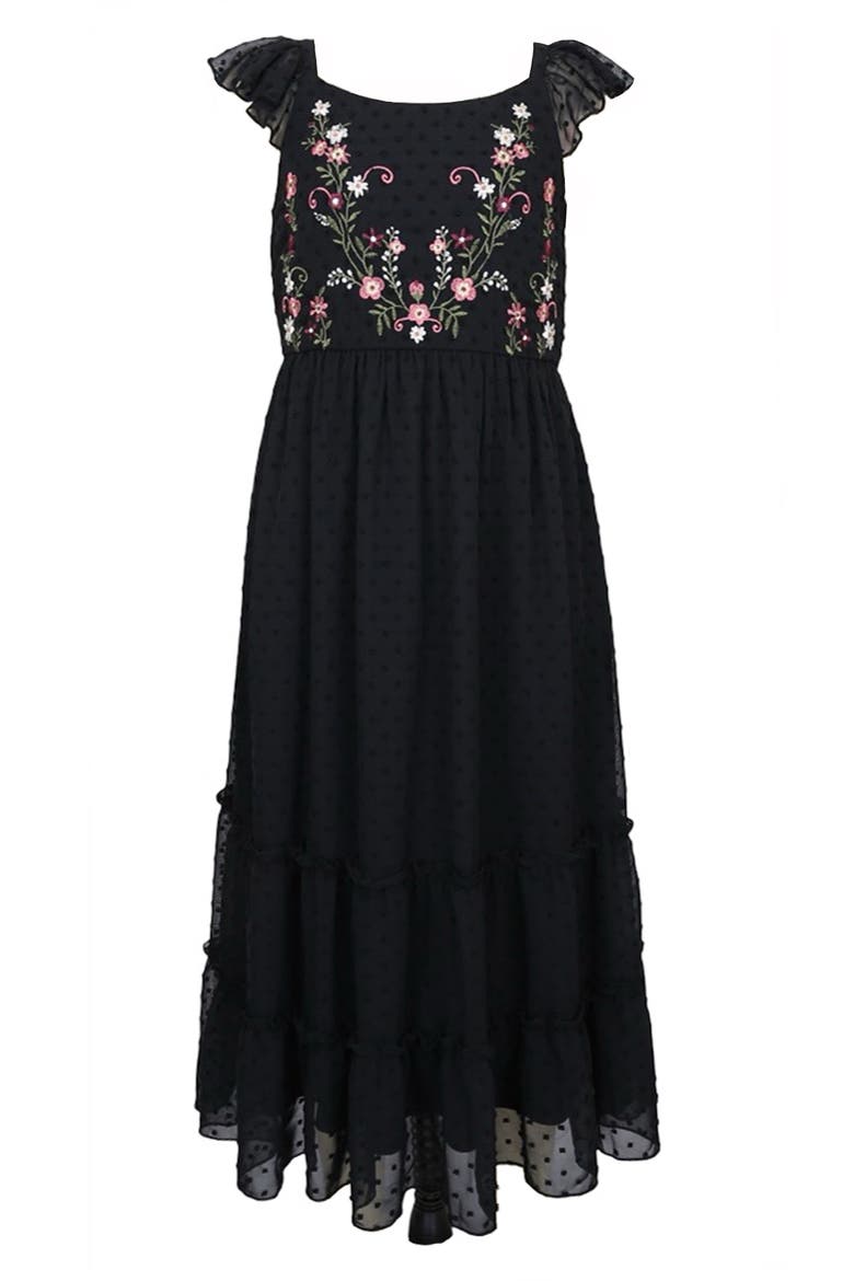 Kids' Embroidered Flutter Sleeve Clip Dot Chiffon Party Maxi Dress, Main, color, BLACK