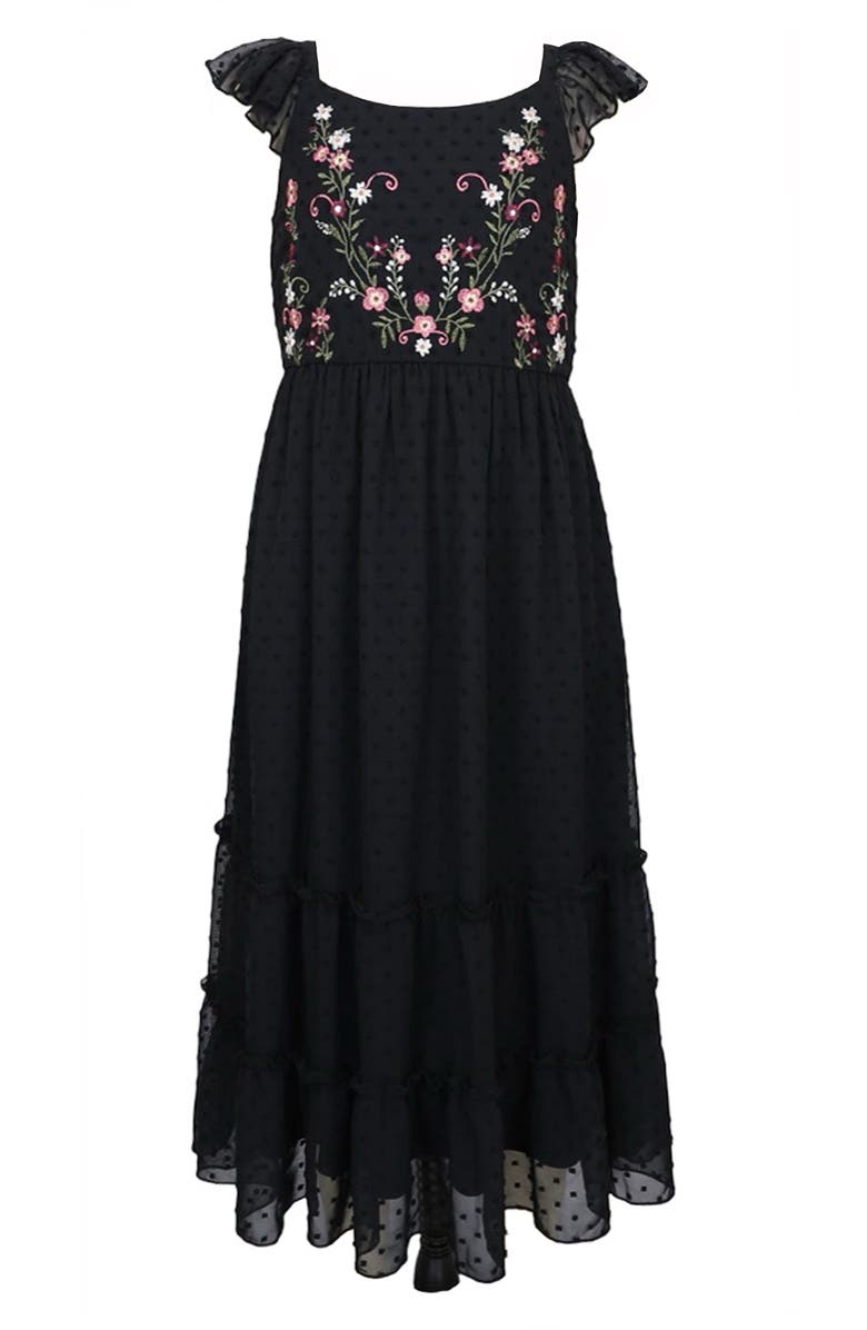 Zunie Kids' Embroidered Flutter Sleeve Clip Dot Chiffon Party Maxi Dress, Main, color, Black
