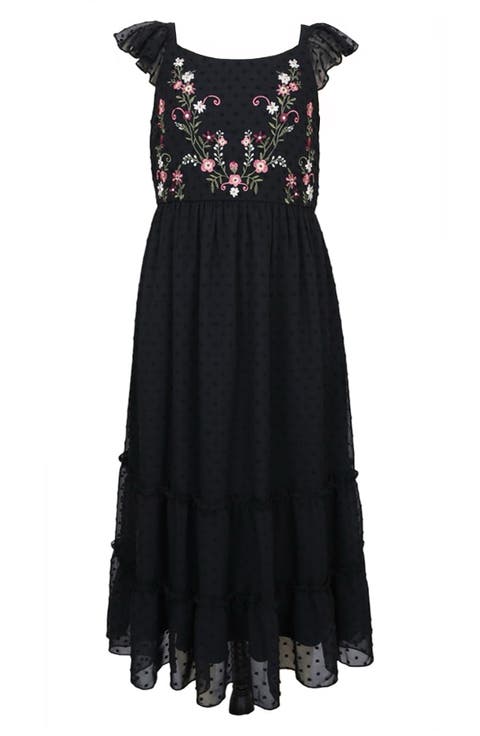 Kids' Embroidered Flutter Sleeve Clip Dot Chiffon Party Maxi Dress (Big Kid)