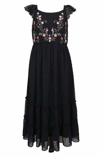 Zunie Kids' Embroidered Flutter Sleeve Clip Dot Chiffon Party Maxi Dress