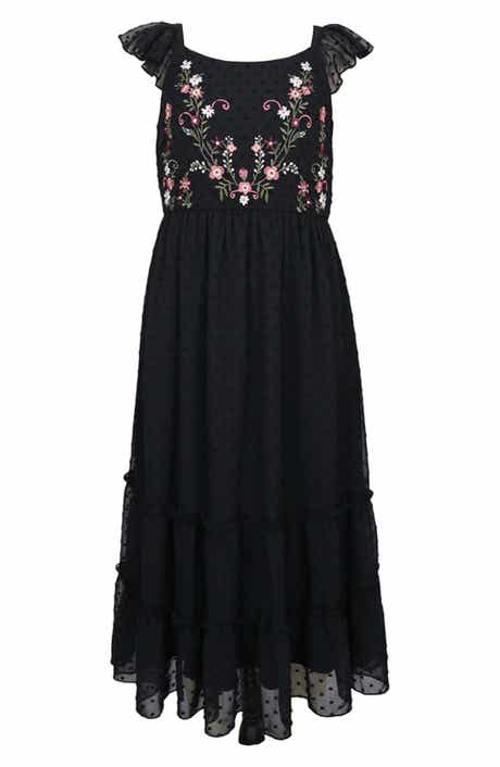 Zunie Kids' Embroidered Flutter Sleeve Clip Dot Chiffon Party Maxi Dress