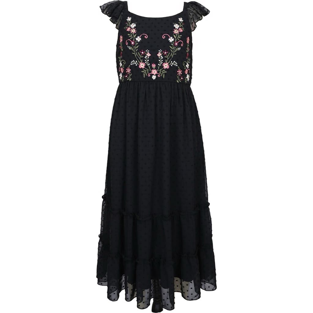 Zunie Kids' Embroidered Flutter Sleeve Clip Dot Chiffon Party Maxi Dress In Black