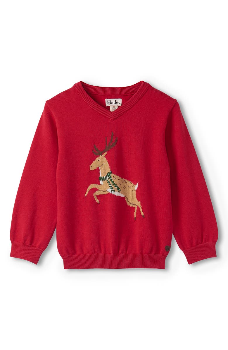 Hatley Deer Cotton V-Neck Sweater, Main, color, Red
