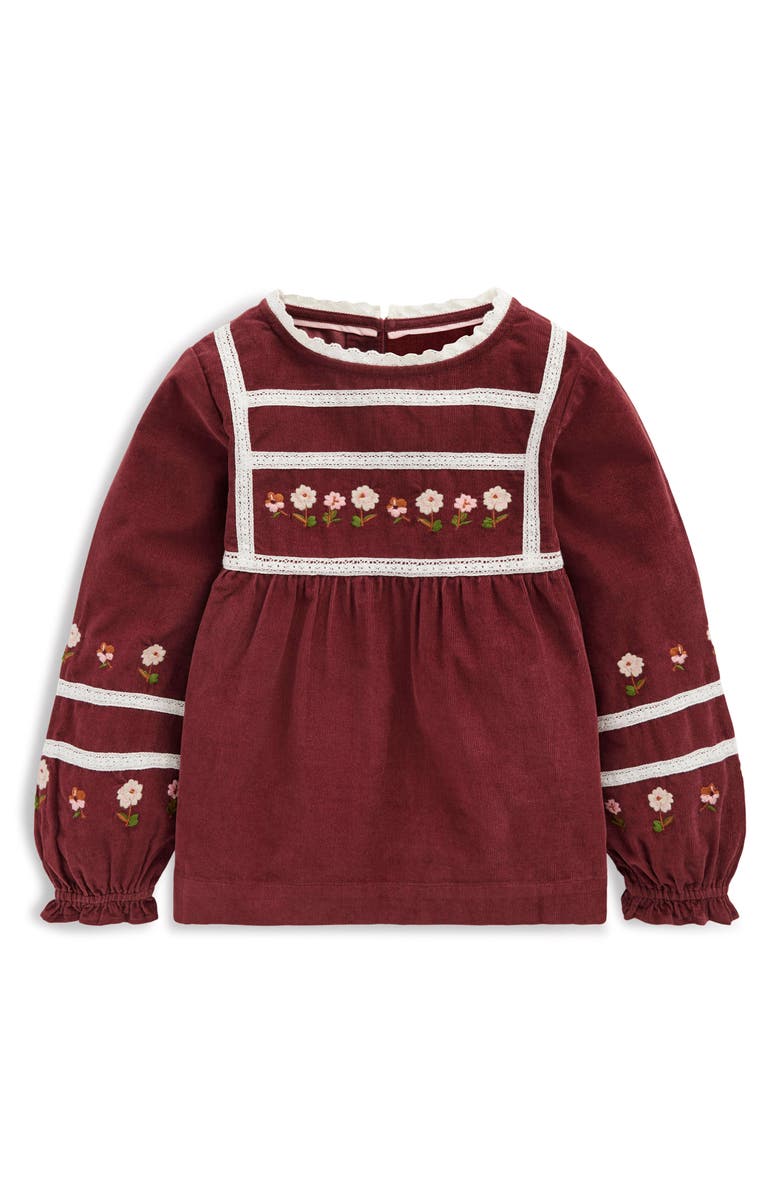 Mini Boden Kids' Embroidered Lace Cotton Top, Main, color, Chestnut Embroidery