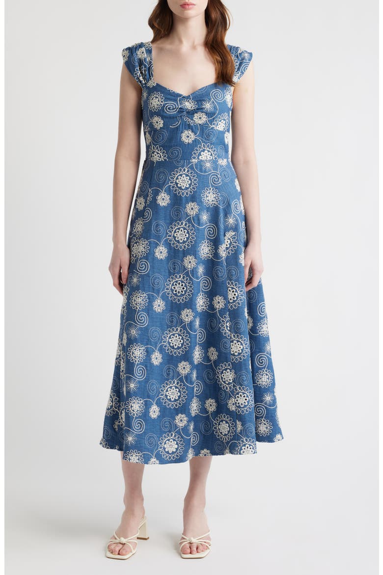 Embroidered Cap Sleeve Chambray Midi Dress, Main, color, DENIM