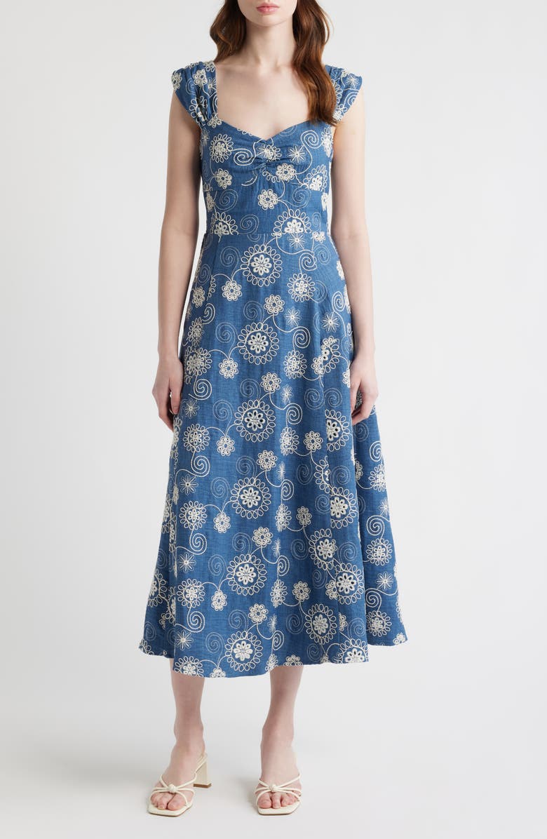 ZOE AND CLAIRE Embroidered Cap Sleeve Chambray Midi Dress, Main, color, Denim