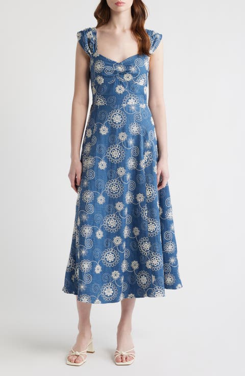 Embroidered Cap Sleeve Chambray Midi Dress