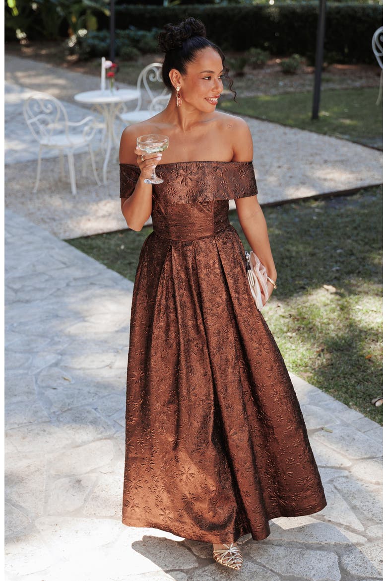 Aberdine Off the Shoulder Maxi Dress, Alternate, color, BROWN BROCADE