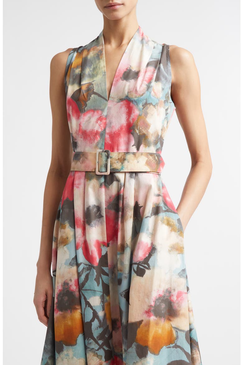 Floral Print Belted Cotton Dress, Alternate, color, MIST MULTI