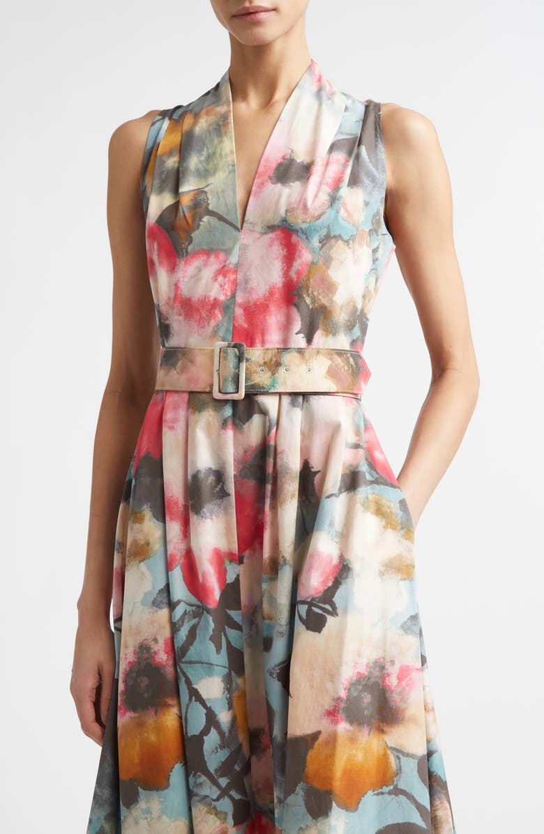Lela Rose Floral Print Belted Cotton Dress, Alternate, color, Mist Multi