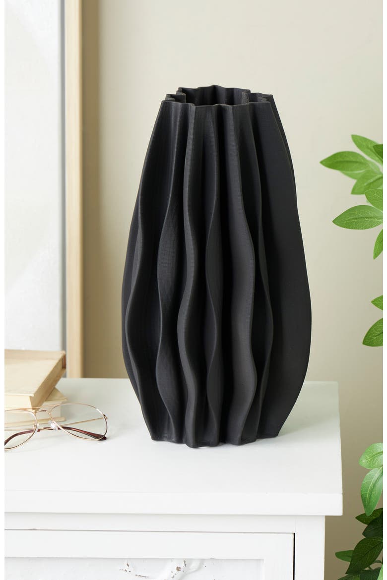 Ruffled Ceramic Vase, Alternate, color, BLACK