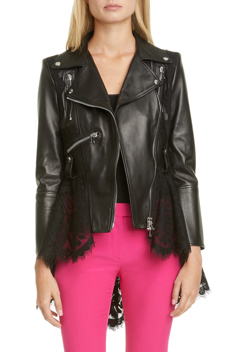Alexander McQueen Lace Peplum Leather Moto Jacket, Main, color, BLACK