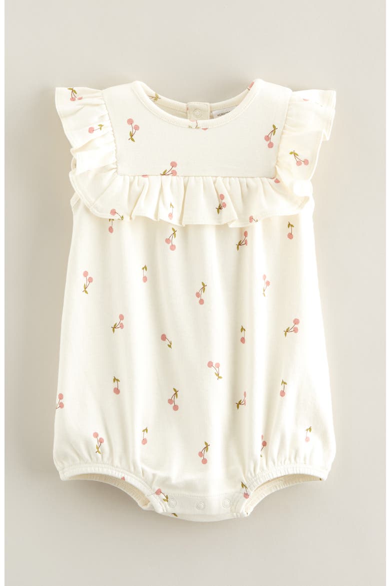 Print Cotton Jersey Ruffle Romper, Main, color, IVORY EGRET CHERRY BERRY