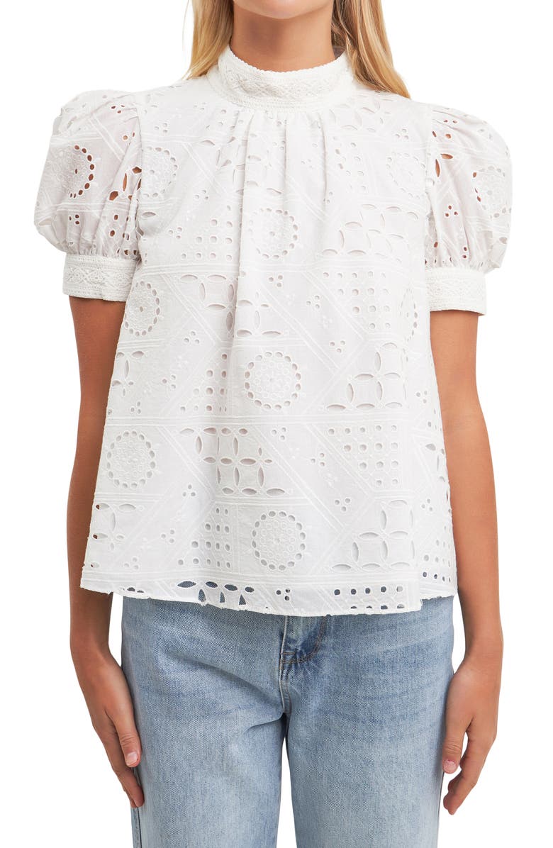 English Factory Broderie Anglaise Puff Sleeve Blouse, Alternate, color, 