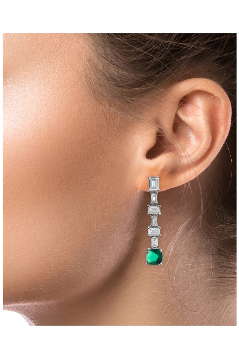 Cubic Zirconia Baguette Drop Earrings, Alternate, color, EMERALD/ SILVER