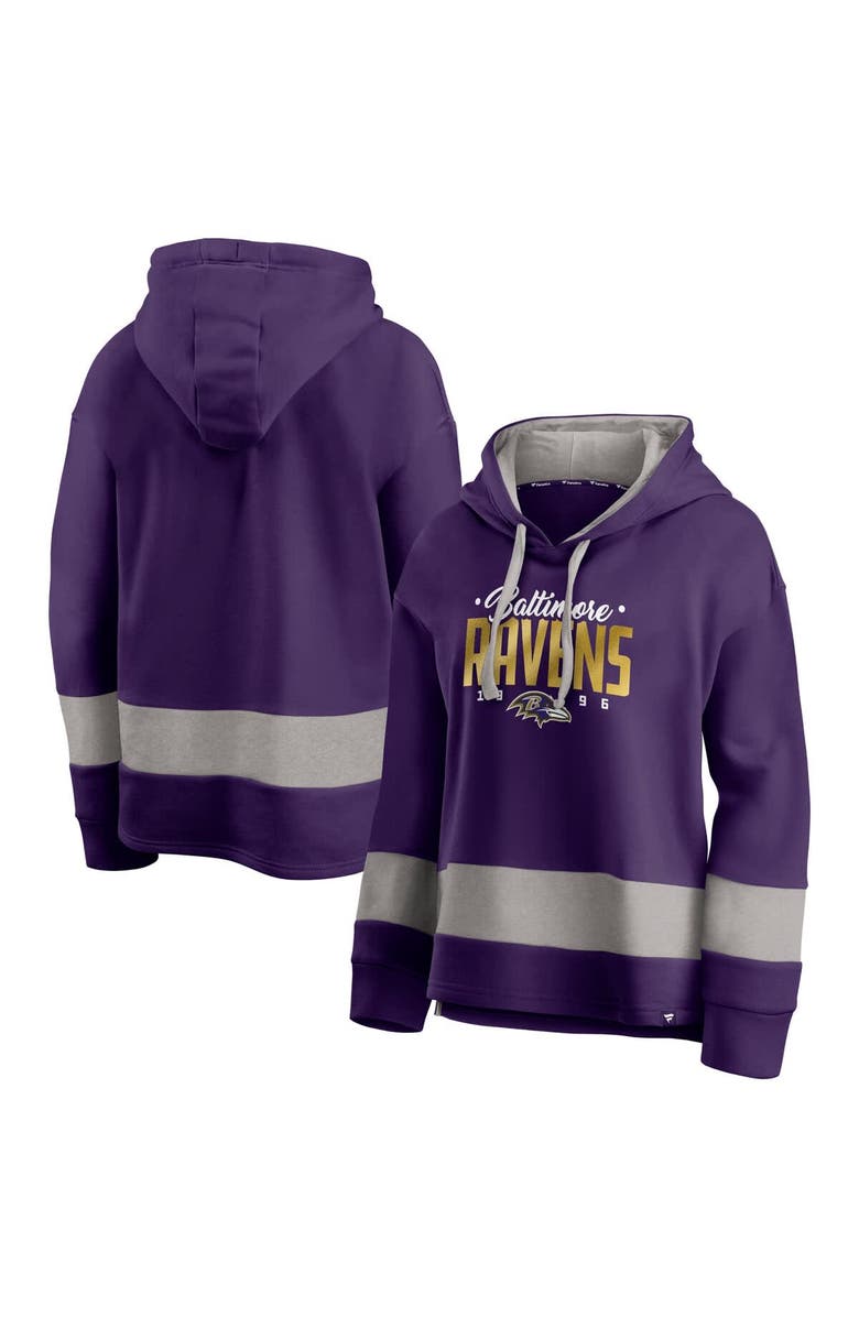 FANATICS Women's Fanatics Purple/Gray Baltimore Ravens Huddle Up Fundamental Fleece Color Block Pullover Hoodie, Main, color, 
