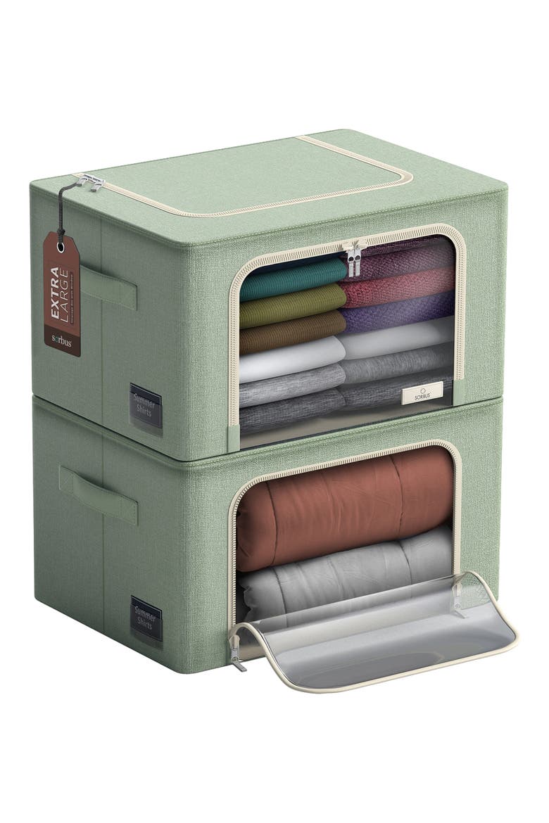 Set of 2 Stackable Foldable Organizer Bins, Main, color, TEAL