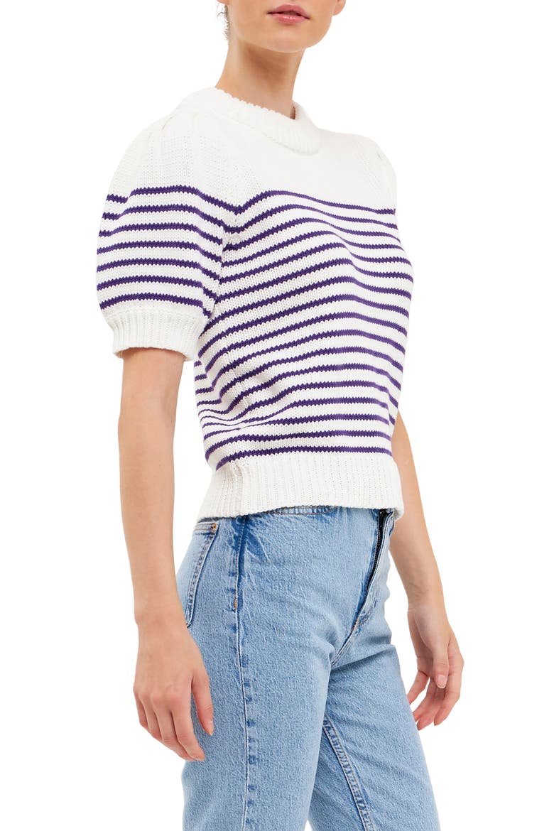 Stripe Short Puff Sleeve Sweater, Alternate, color, WHITE/ PURPLE