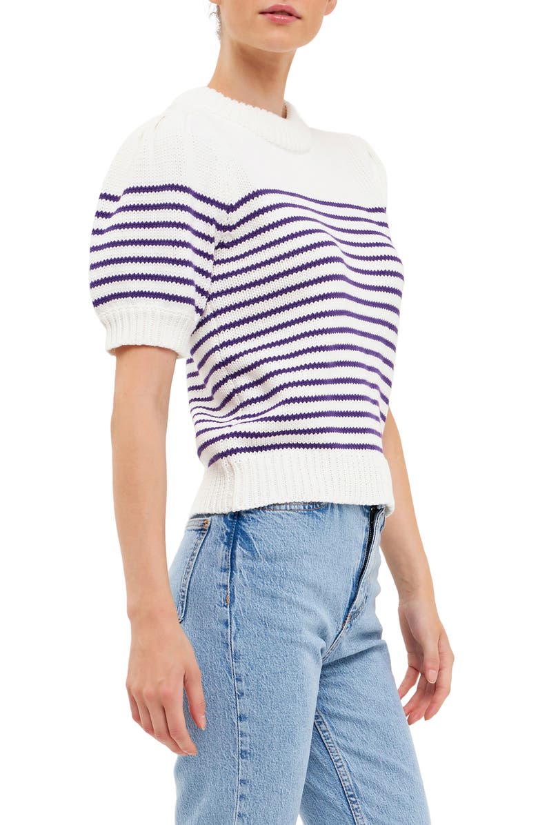 English Factory Stripe Short Puff Sleeve Sweater, Alternate, color, White/ Purple