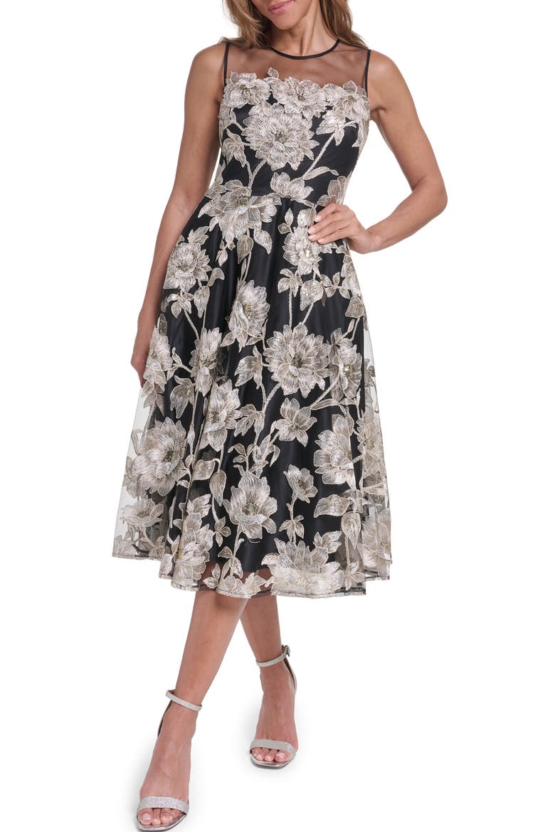 Lace Midi Dress, Main, color, BLACK CHAMPA