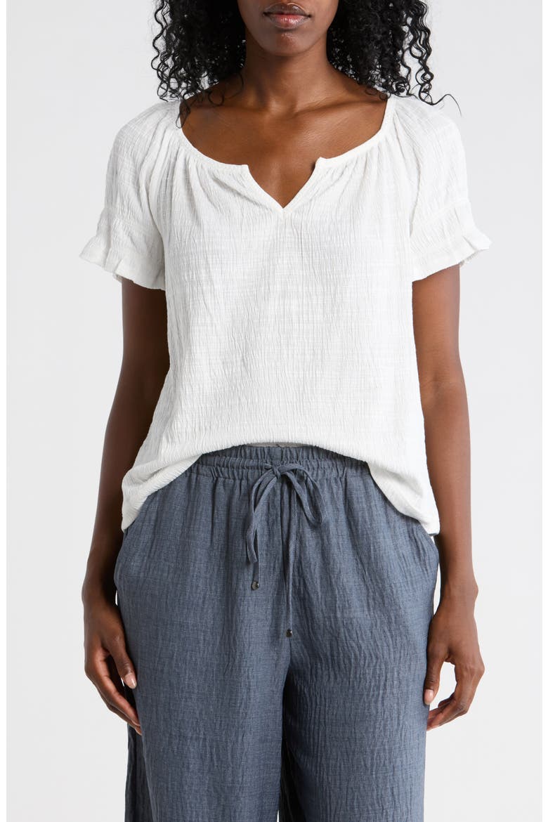 Topstitched Puff Sleeve Crepe Top, Main, color, WHITE