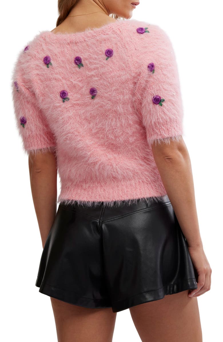 Free People Winter Blooms Appliqué Short Sleeve Sweater, Alternate, color, Quartz Pink Combo