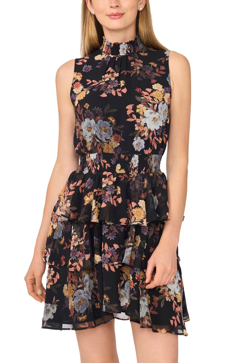 Floral Smocked Waist Tiered Minidress, Alternate, color, RICH BLACK