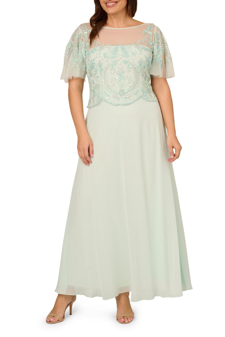 Beaded Flutter Sleeve Chiffon Gown, Main, color, MINT GLASS