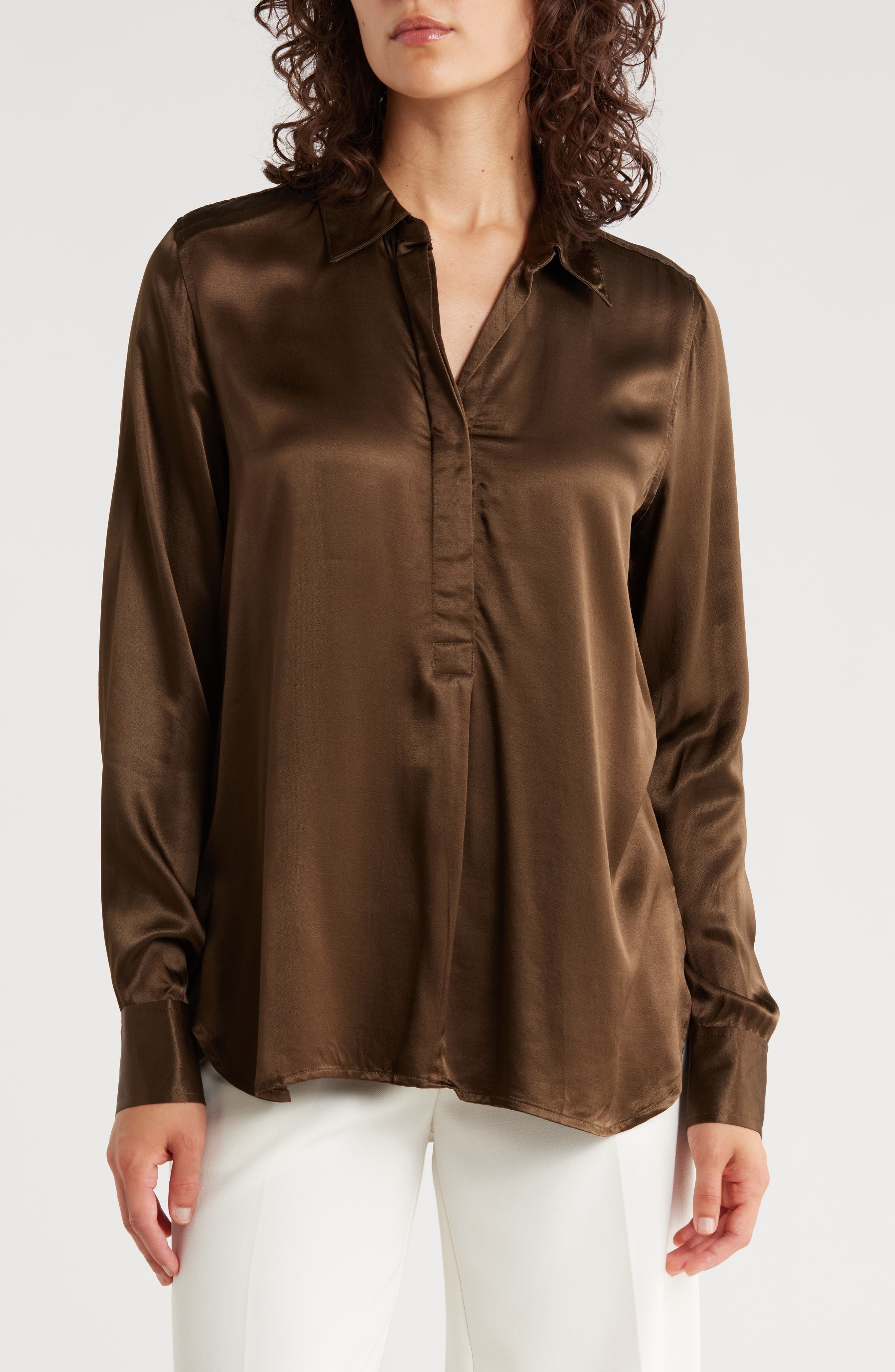 Long Sleeve Satin Button-Up Shirt
