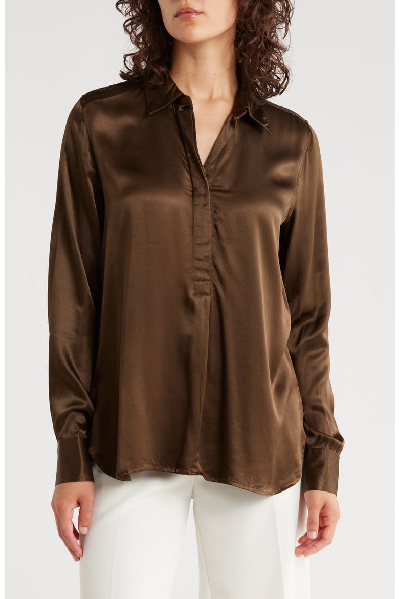 Long Sleeve Satin Button-Up Shirt, Main, color, CHOCOLATE