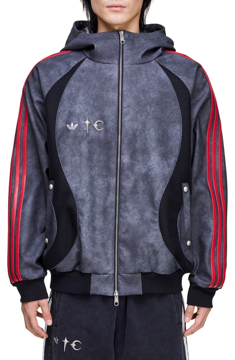 adidas Mesh Inset Faux Leather Bomber Jacket, Main, color, Black/ Antique Silver