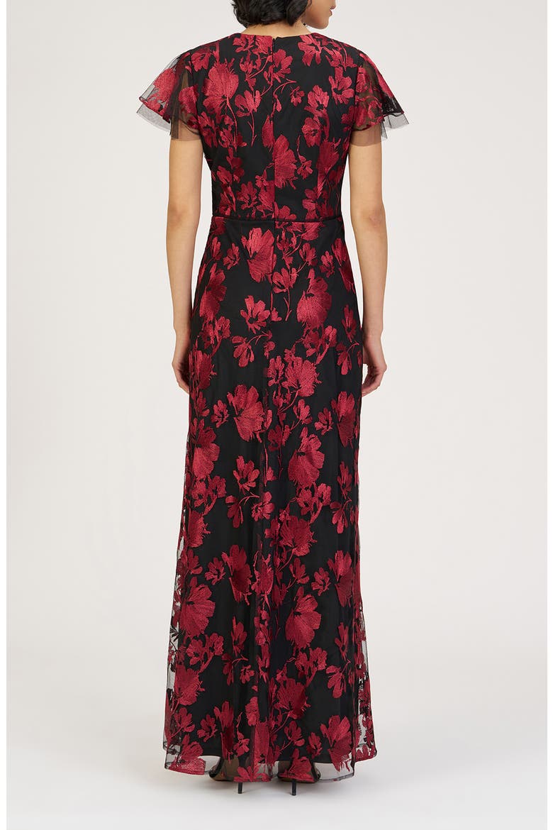 Fauna Floral Embroidered Flutter Sleeve Gown, Alternate, color, RED/ BLACK