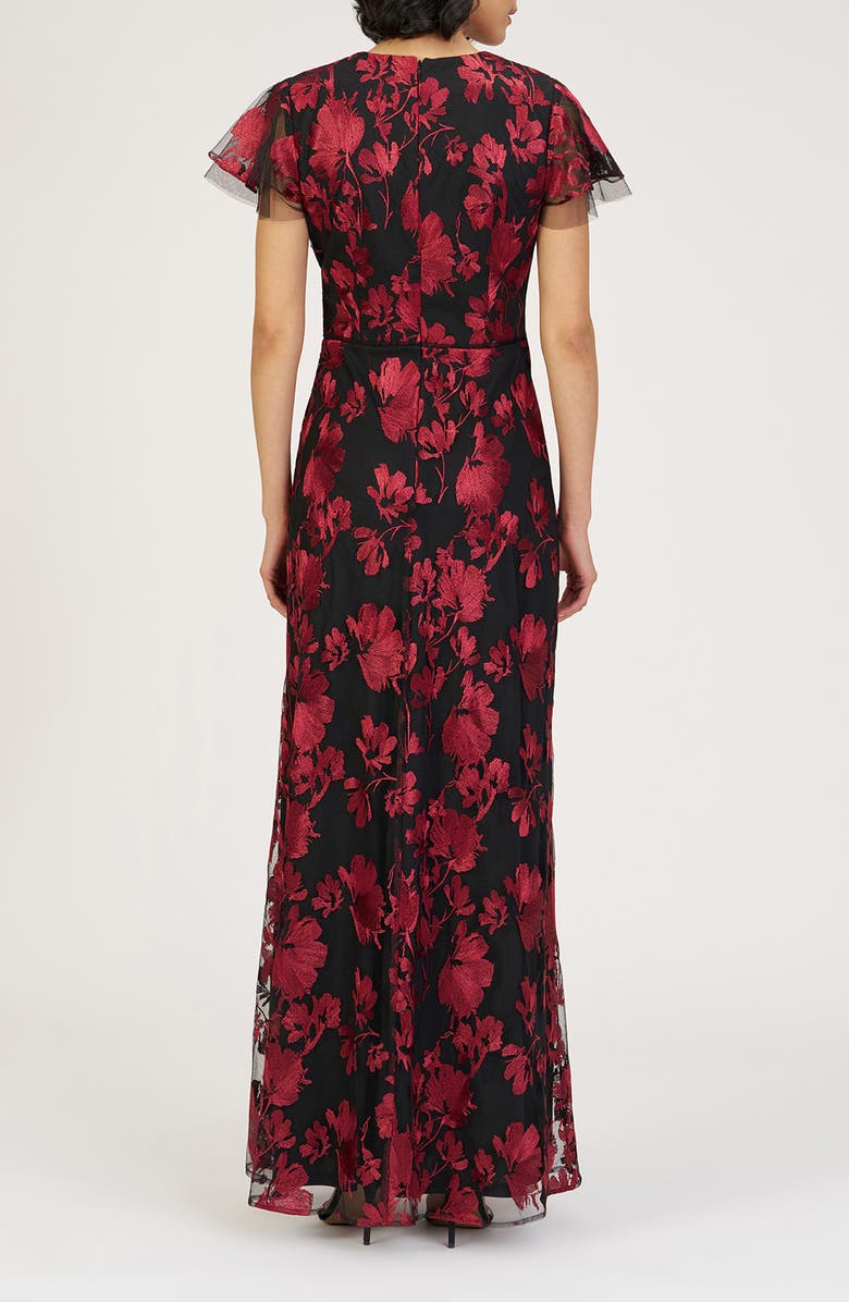 JS Collections Fauna Floral Embroidered Flutter Sleeve Gown, Alternate, color, Red/ Black