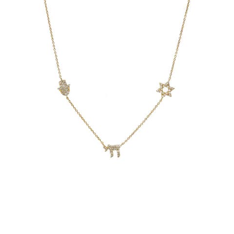 Diamond Pave Jewish Charms Necklace 14K