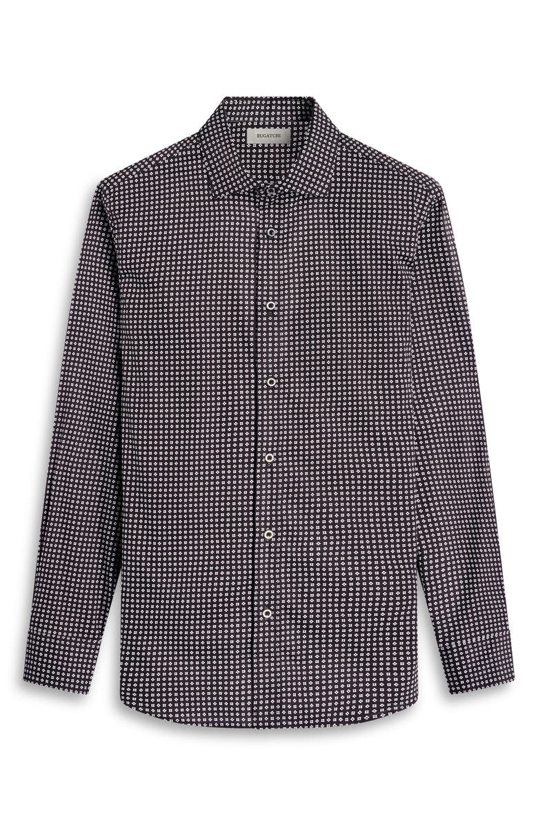 Bugatchi Axel Shaped Fit Geo Print Stretch Cotton Button-Up Shirt, Alternate, color, Black
