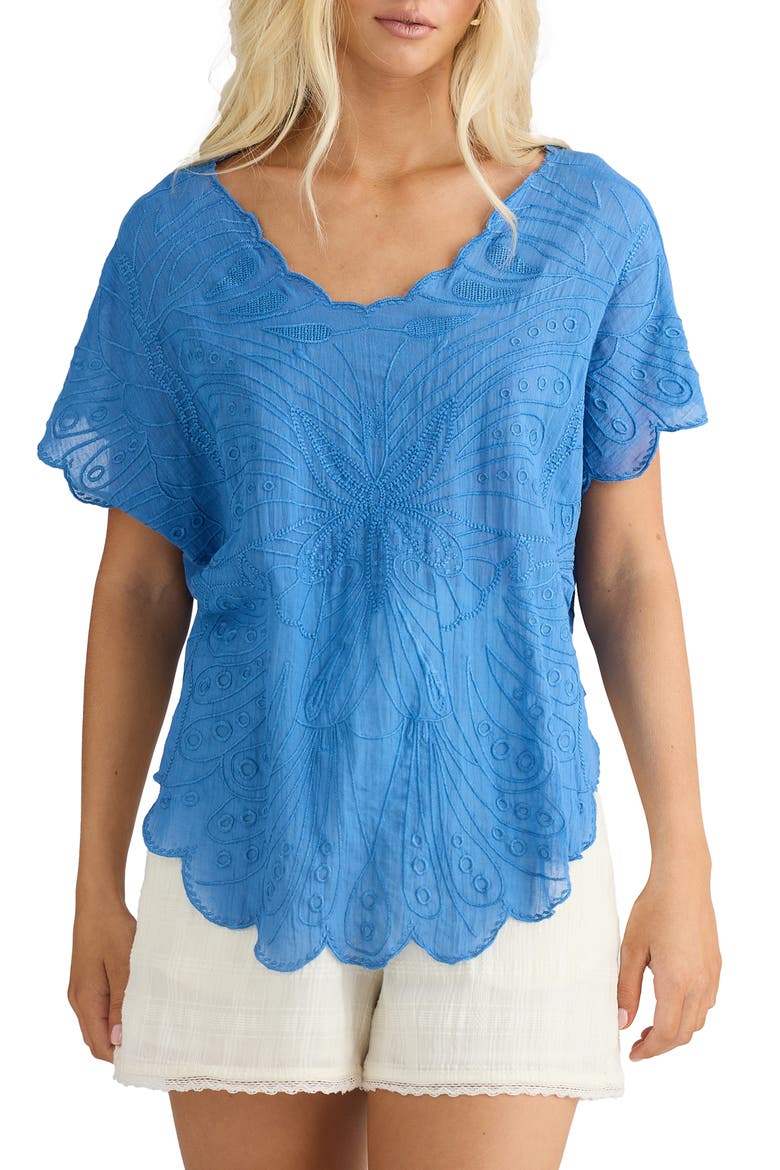 Scallop Trim Embroidered Butterfly Top, Main, color, BLUE HAZE