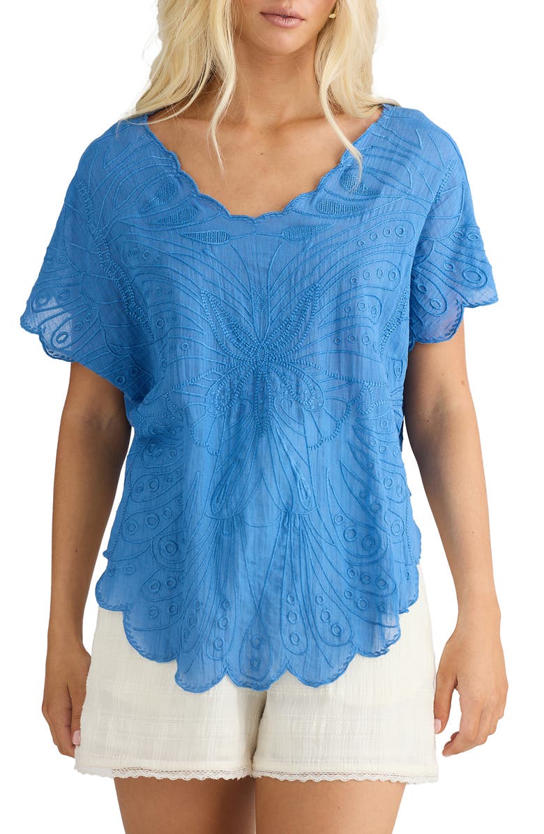 Talisman the Label Scallop Trim Embroidered Butterfly Top, Main, color, Blue Haze