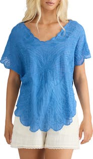 Talisman the Label Scallop Trim Embroidered Butterfly Top