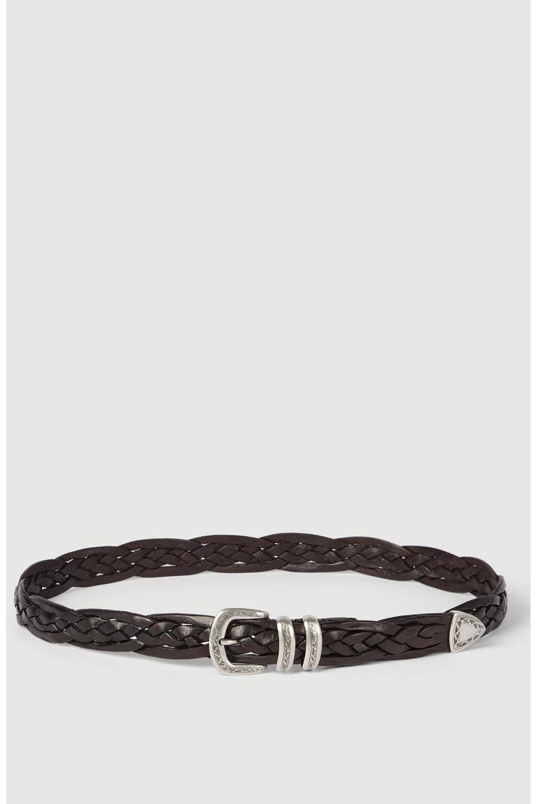 Braided calfskin belt with detailed buckle and tip, Main, color, Brown