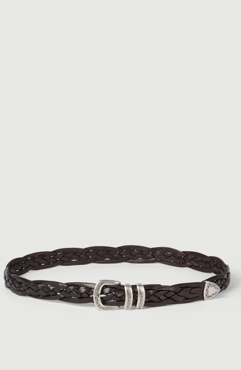 Braided calfskin belt with detailed buckle and tip