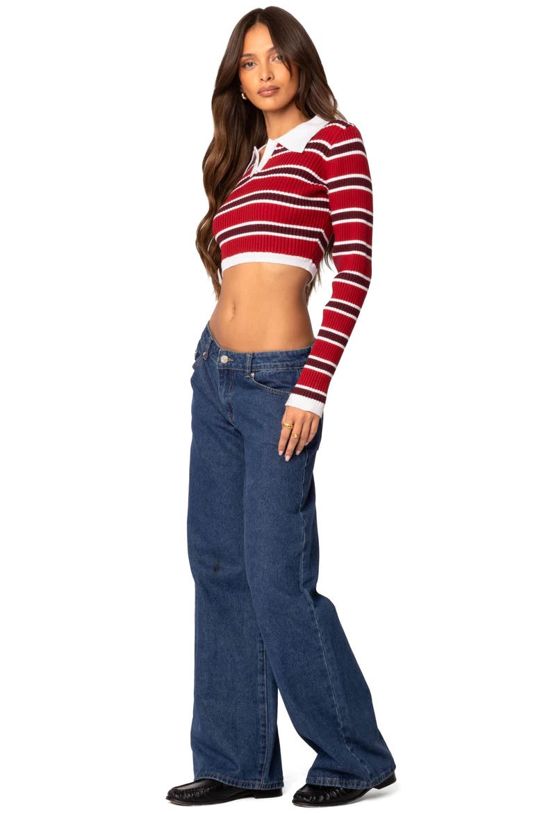 Stripey Collar Rib Crop Top, Alternate, color, RED