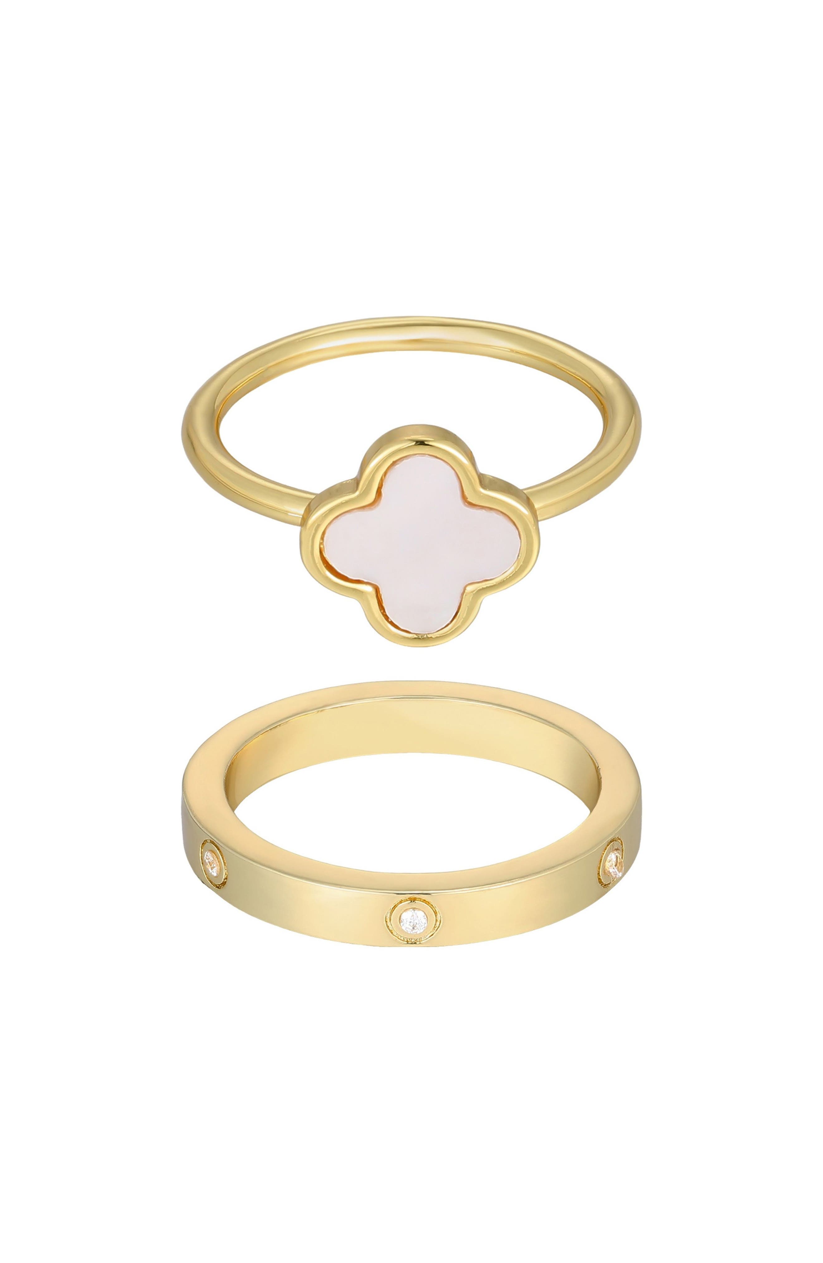 Adornia Set of 2 Mother-of-Pearl Clover & Cubic Zirconia Band Rings
