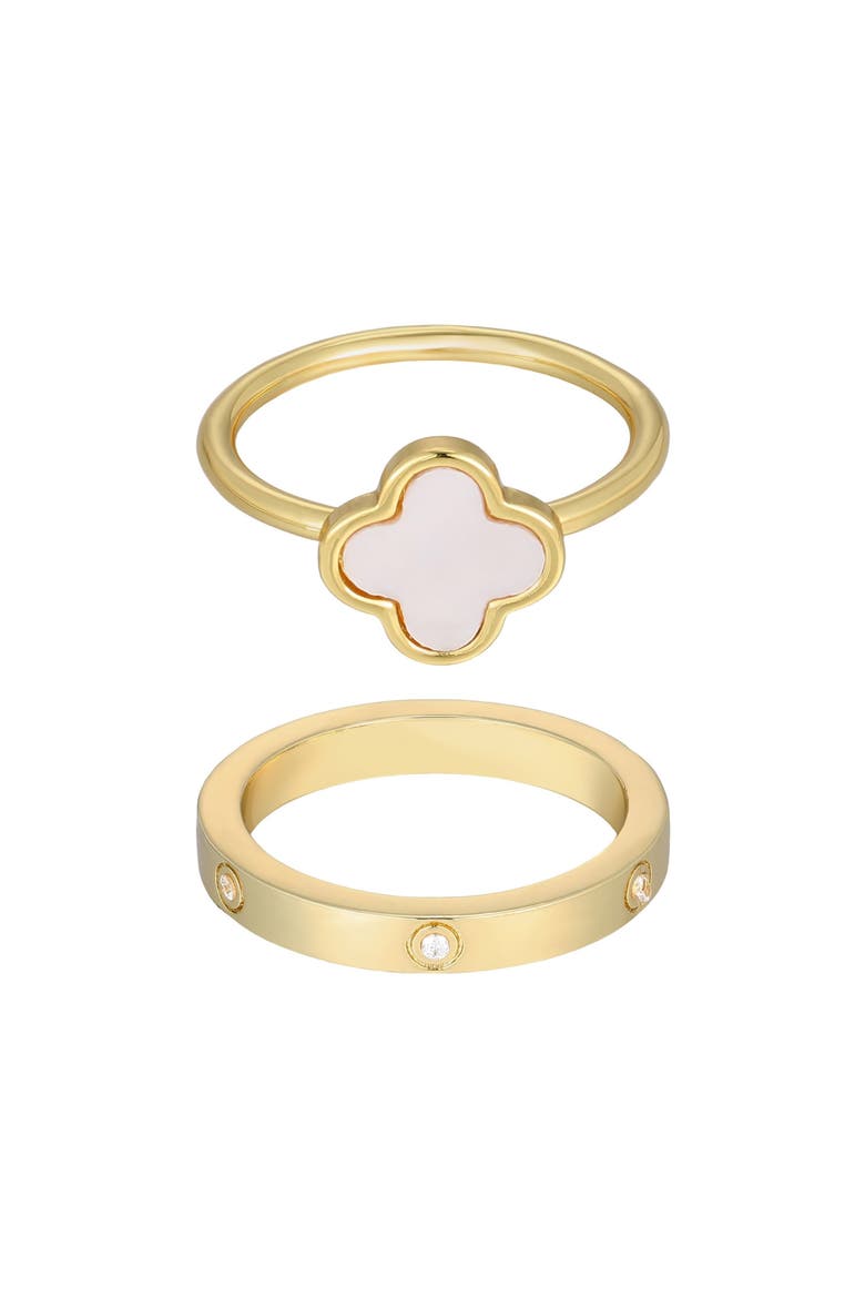 Set of 2 Mother-of-Pearl Clover & Cubic Zirconia Band Rings, Main, color, GOLD/ WHITE