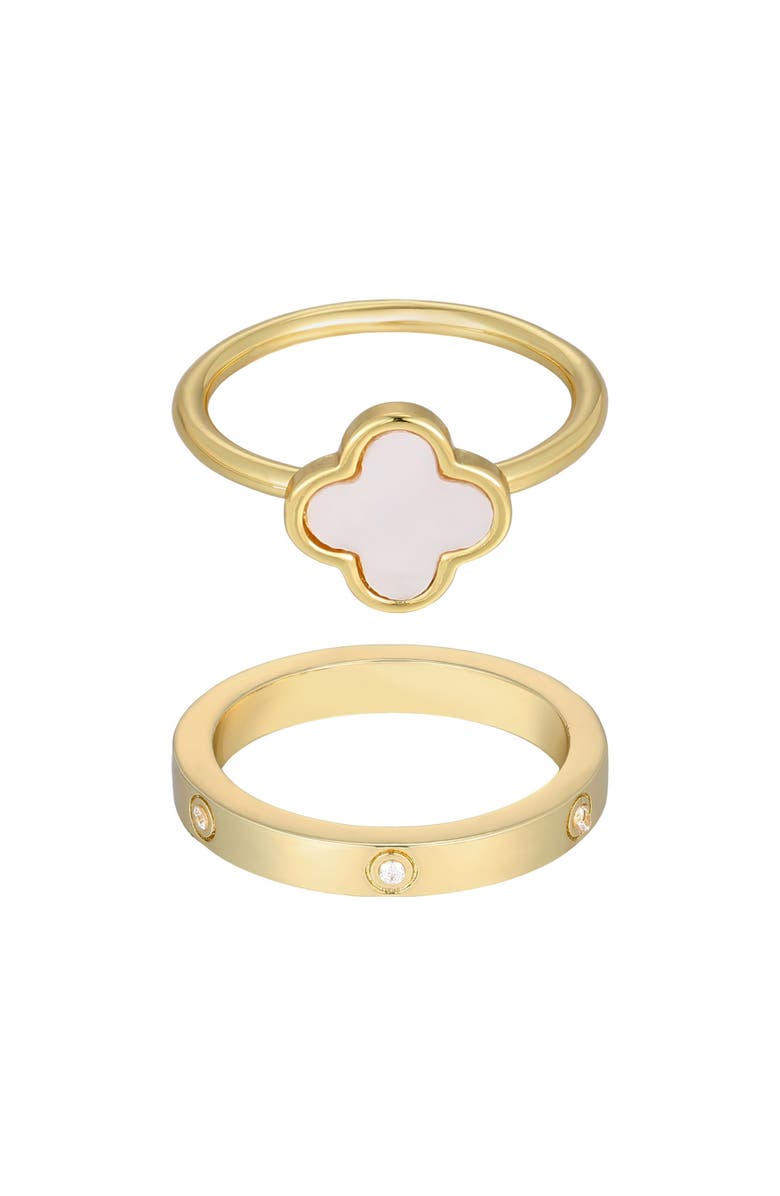 Adornia Set of 2 Mother-of-Pearl Clover & Cubic Zirconia Band Rings, Main, color, Gold/ White
