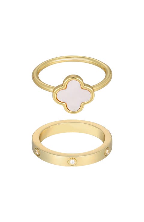 Set of 2 Mother-of-Pearl Clover & Cubic Zirconia Band Rings