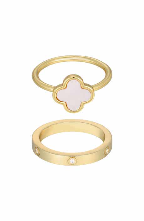 Adornia Set of 2 Mother-of-Pearl Clover & Cubic Zirconia Band Rings