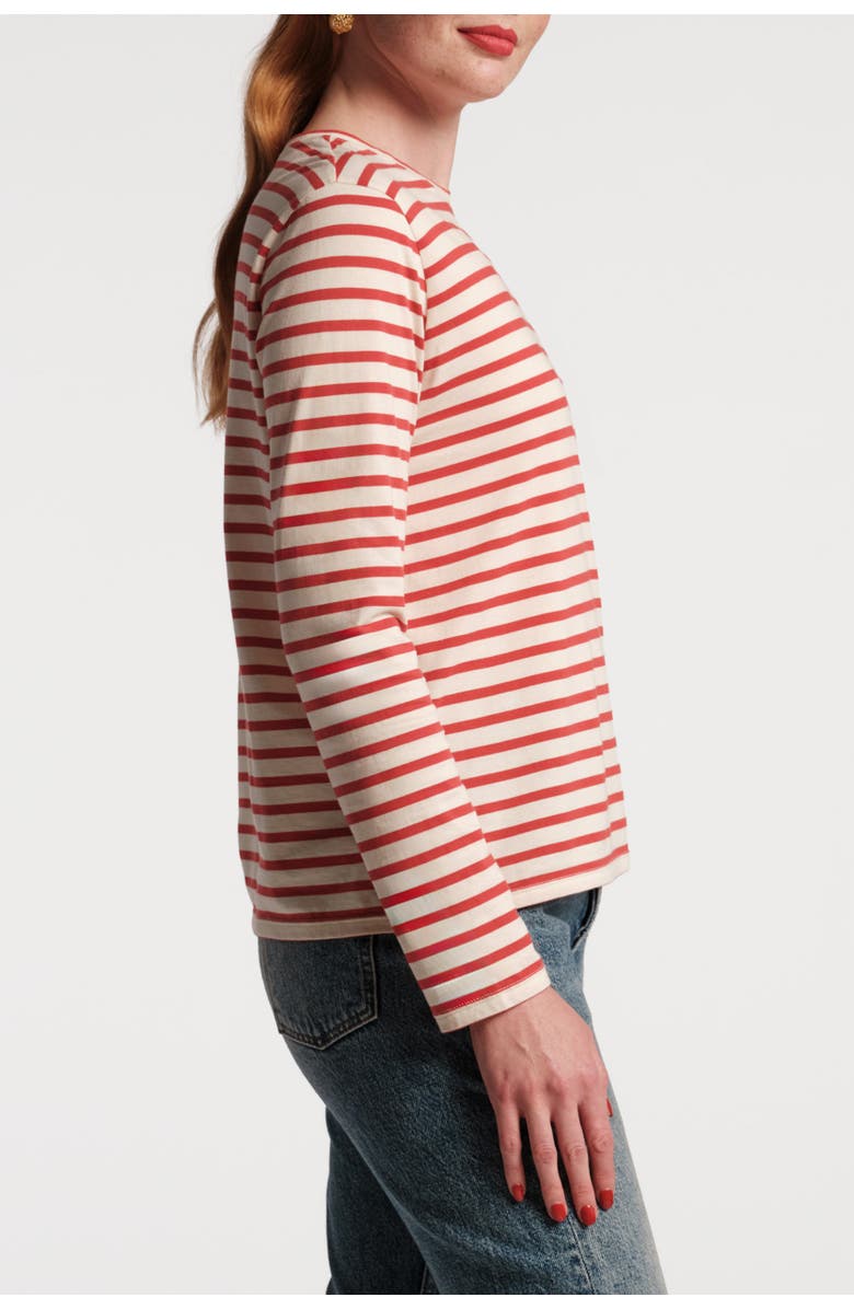 Frances Valentine Long Sleeve Striped Tee Shirt Stripe 100% Pima Cotton, Alternate, color, Oyster/Red