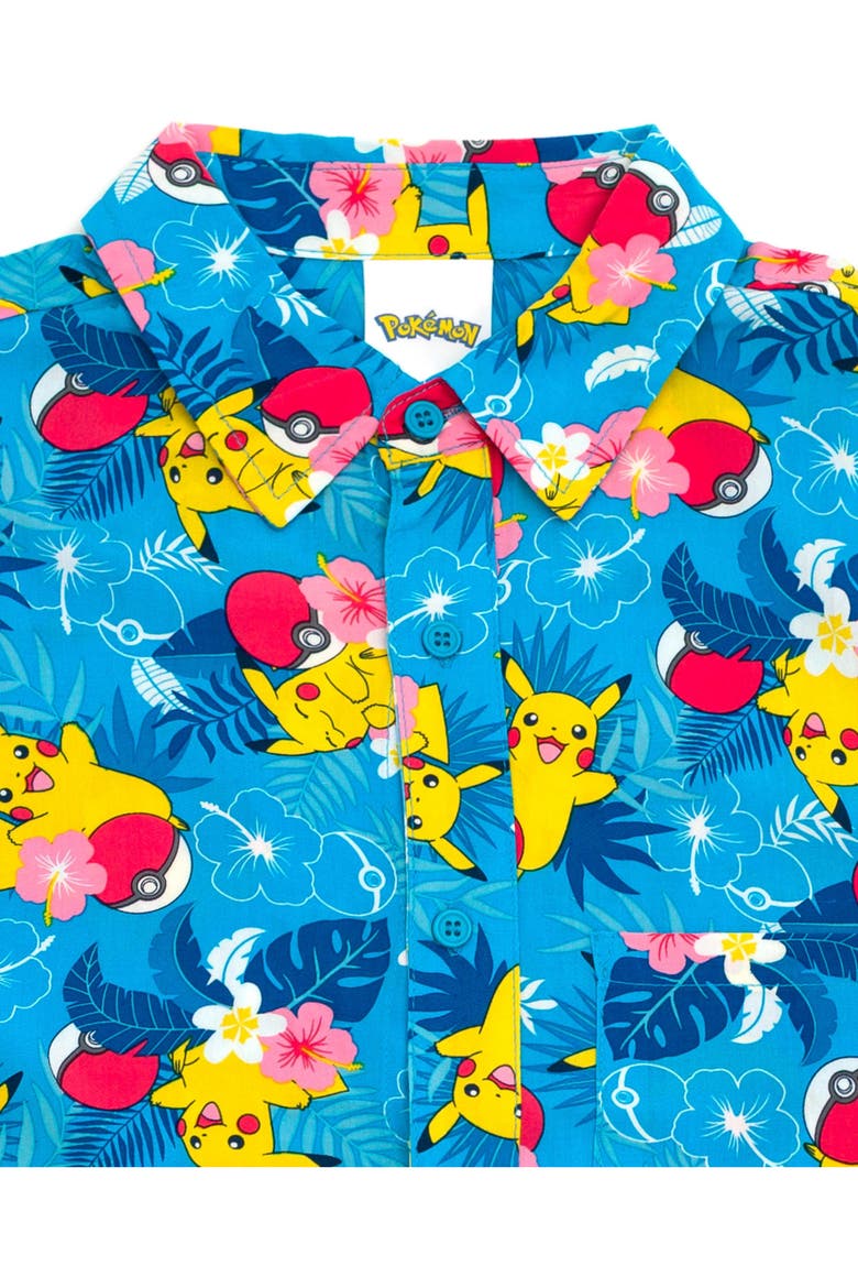 Pikachu Hawaiian Short Sleeve Button Down Shirt, Alternate, color, Pikachu Island Blue
