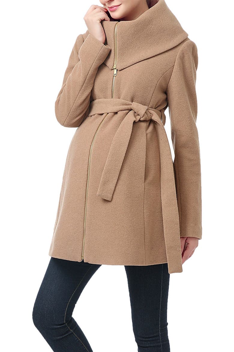 Mia High Collar Wool Blend Maternity Coat, Main, color, CAMEL