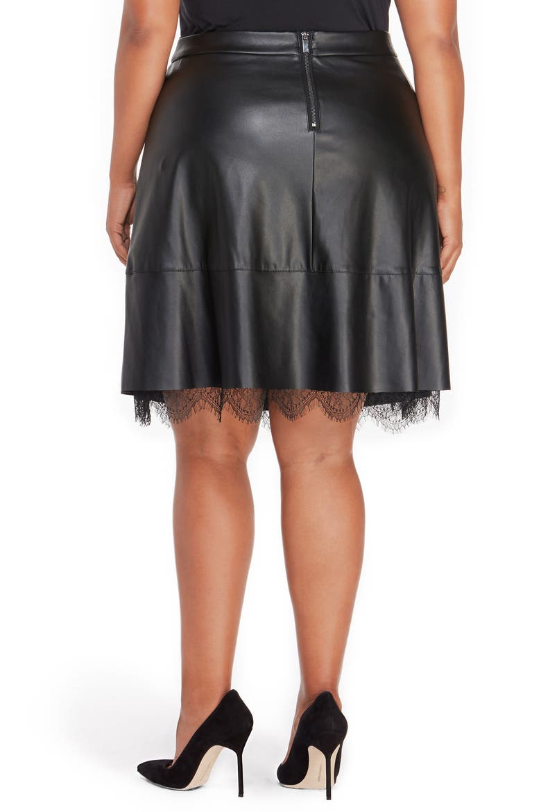 Faux Leather Pleated Skirt with Lace, Alternate, color, BLACK